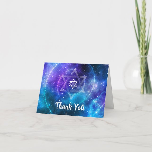 Modern Blue Purple Galaxy Bat Bar Mitzvah Folded Thank You Card (Front)