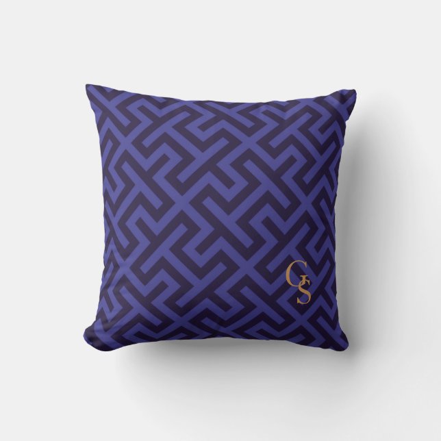 Modern blue purple geometric patterns monogram cushion (Front)