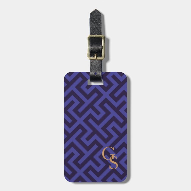 Modern blue purple geometric patterns monogram luggage tag (Front Vertical)