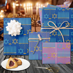 Modern Blue Purple Gold Hannukah Menorahs & Stars  Wrapping Paper Sheet