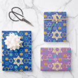 Modern Blue Purple Gold Hanukkah Star Of David Wrapping Paper Sheet<br><div class="desc">Modern Hanukkah wrapping paper featuring colourful and bright hand-coloured hannukah icons like menorahs,  dreidels,  doves,  star of Davids and more.</div>