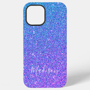 Modern Blue Purple Gradient Glitter Ombre Monogram iPhone 12 Pro Max Case