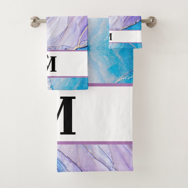 Modern Blue & Purple Marbled Alcohol Ink Monogram Bath Towel Set (Insitu)