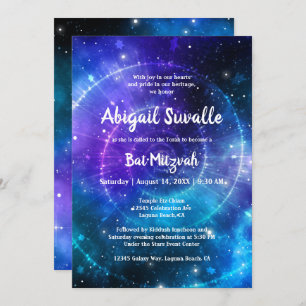 Modern Blue Purple Watercolor Galaxy Bat Mitzvah Invitation