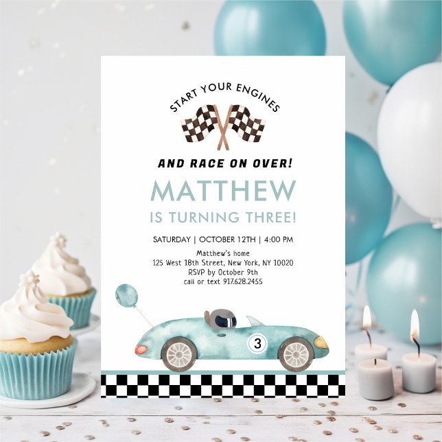 Modern Blue Race Car Birthday Invitation (Creator Uploaded)