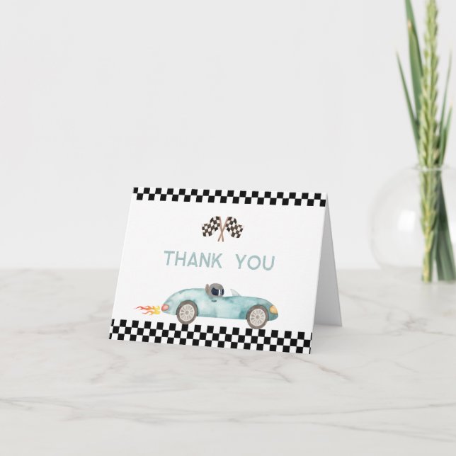Modern Blue Race Car Birthday Thank You Card (Front)