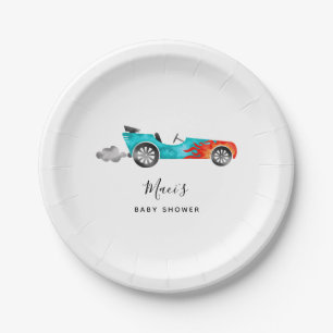 Modern Blue Race Car Girl Baby Shower Paper Plate