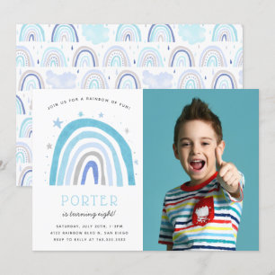 Modern Blue Rainbow Kids Birthday Party Photo  Invitation