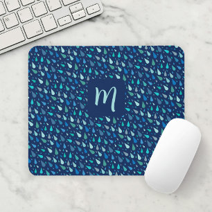 Modern blue raindrops monogram mouse mat