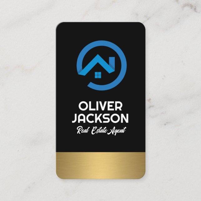 Modern Blue Real Estate Logo | Gold Trim Business Card (Front)