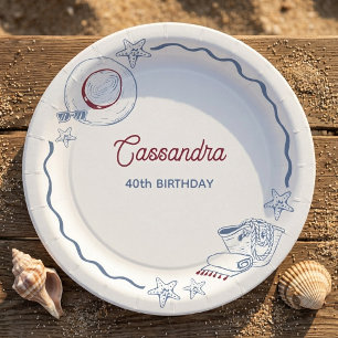 Modern Blue & Red Beach Summer Milestone Birthday Paper Plate
