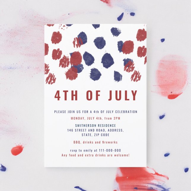 Modern blue red dots watercolor 4th of July Invitation (Modern blue red dots watercolor 4th of July Invitation)