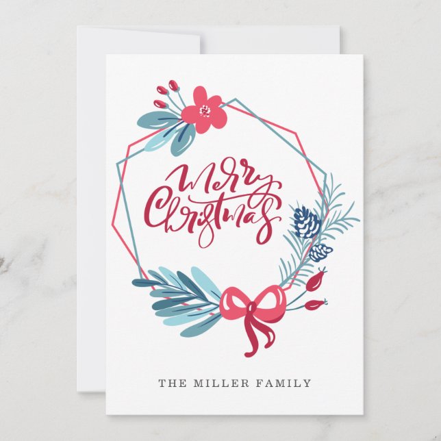Modern Blue Red Geometric Frame Christmas Holiday Card (Front)