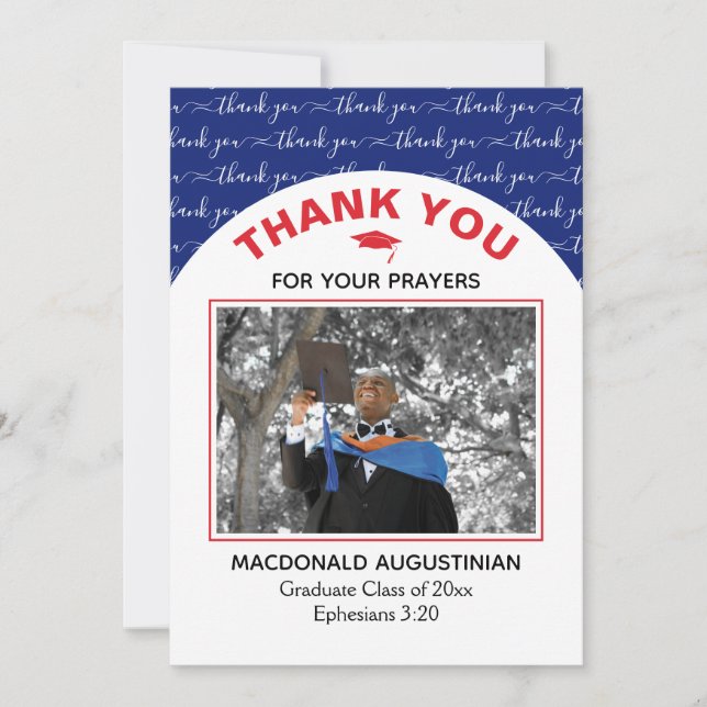 Modern Blue Red Graduate Photo Thank You Card (Front)