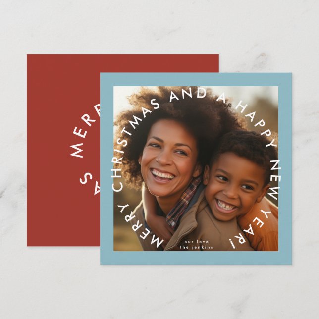 Modern Blue Red Happy New Year Photo Square Holiday Card (Front/Back)