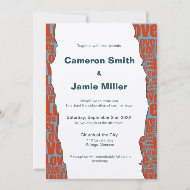 Modern Blue Red Love Border Ecru Wedding Invitation (Front)