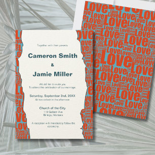Modern Blue Red Love Border Ecru Wedding Invitation