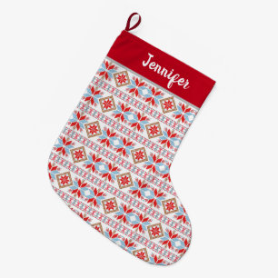 Modern Blue Red Nordic Pattern Large Christmas Stocking