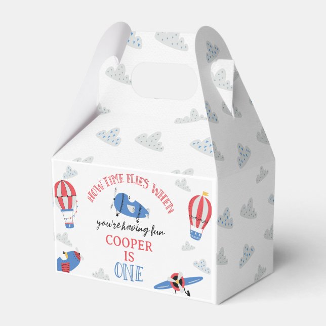 Modern Blue Red Plane How Time Flies 1st Birthday Favour Box (Front Side)