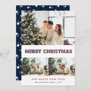 Modern Blue Red Snow Stars Photo Collage Holiday Card