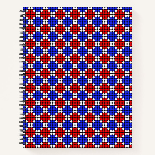 Modern Blue Red White Dotted Diamonds on Black Not Notebook (Front)