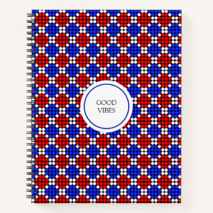 Modern Blue Red White Dotted Diamonds on Black Notebook