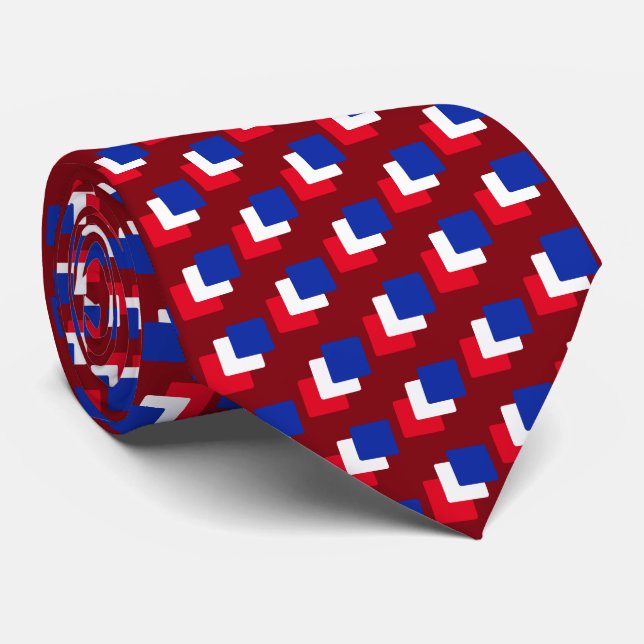 Modern Blue Red & White Squares on Maroon Tie (Rolled)