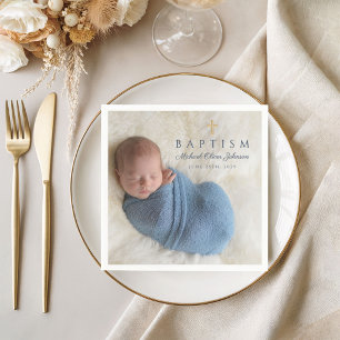 Modern Blue Religious Cross Boy Baptism Photo Napkin