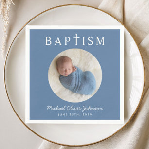Modern Blue Religious Cross Photo Baptism  Napkin