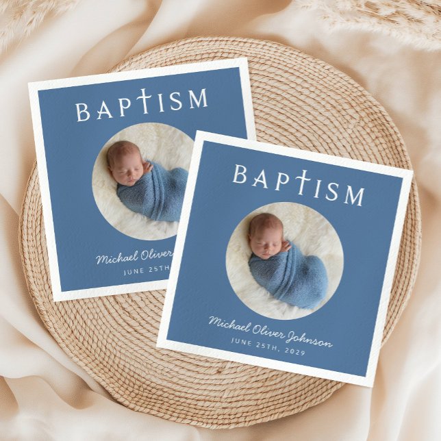 Modern Blue Religious Cross Photo Baptism  Napkin (Modern Blue Religious Cross Photo Baptism Napkins)