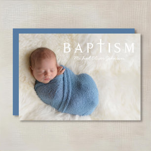 Modern Blue Religious Cross Photo Boy Baptism  Invitation