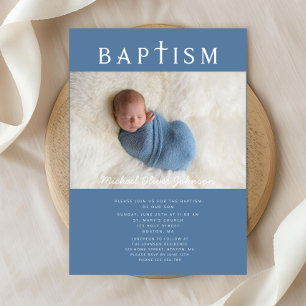 Modern Blue Religious Cross Photo Boy Baptism Invitation