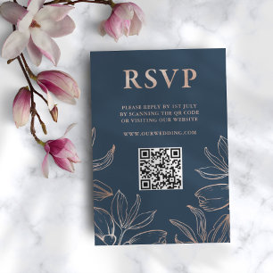 Modern Blue & Rose Gold Foliage RSVP QR Wedding