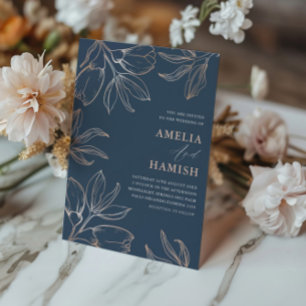 Modern Blue & Rose Gold Foliage Wedding Invitation