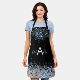Modern Blue Rose Gold Glitter Name Monogram Black Apron