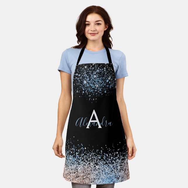 Modern Blue Rose Gold Glitter Name Monogram Black Apron (Worn)