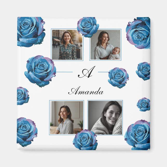 Modern Blue Rose Monogram Photo Collage Custom Mum Magnet (Front)