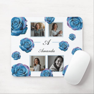 Modern Blue Rose Monogram Photo Collage Custom Mum Mouse Mat