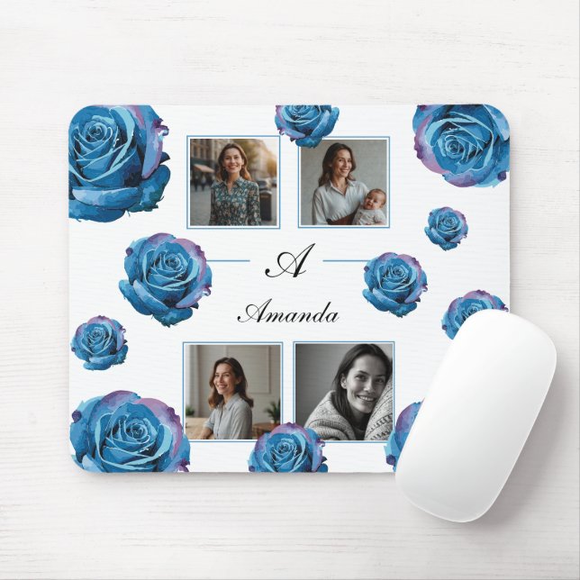 Modern Blue Rose Monogram Photo Collage Custom Mum Mouse Mat (With Mouse)