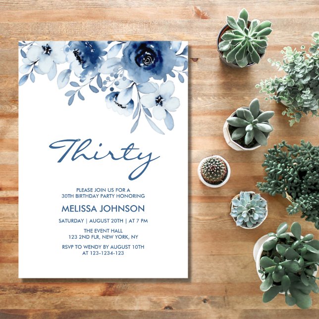 Modern Blue Roses Floral Greenery 30th Birthday Invitation (Creator Uploaded)