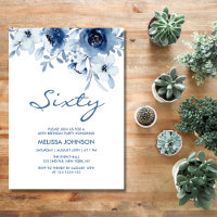 Modern Blue Roses Floral Greenery 60th Birthday