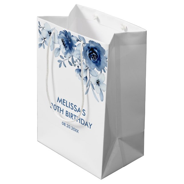 Modern Blue Roses Floral Greenery Birthday Medium Gift Bag (Back Angled)