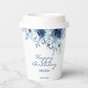 Modern Blue Roses Floral Greenery Birthday  Paper Cups