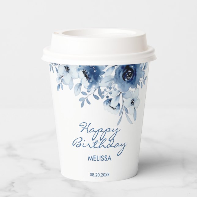 Modern Blue Roses Floral Greenery Birthday  Paper Cups (Back)