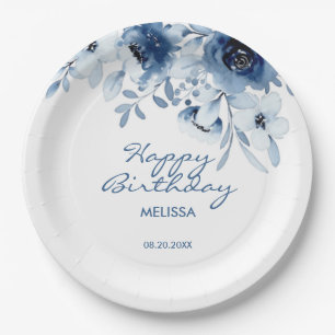 Modern Blue Roses Floral Greenery Birthday  Paper Plate