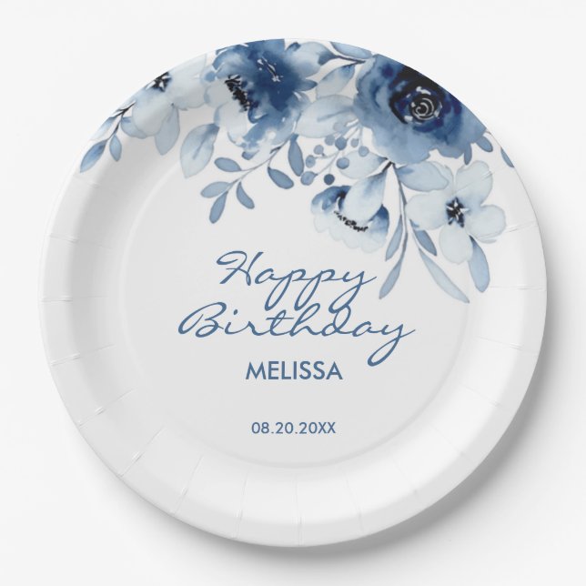 Modern Blue Roses Floral Greenery Birthday  Paper Plate (Front)