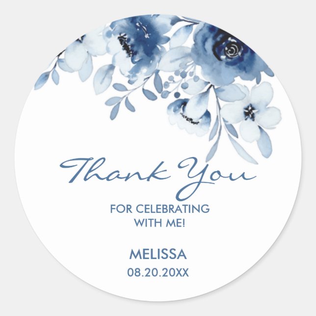 Modern Blue Roses Floral Greenery Birthday Sticker (Front)