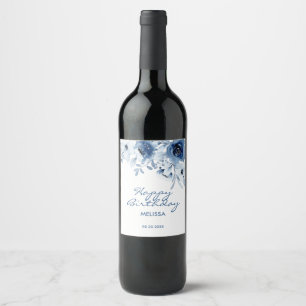 Modern Blue Roses Floral Greenery Birthday  Wine Label