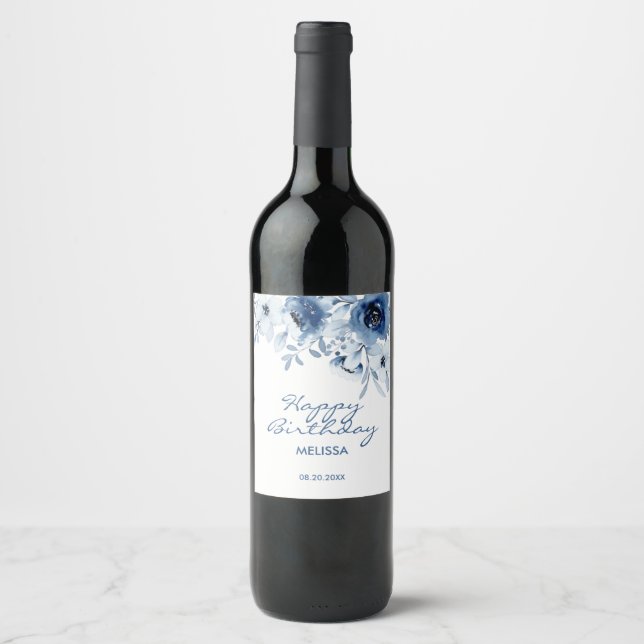 Modern Blue Roses Floral Greenery Birthday  Wine Label (Front)