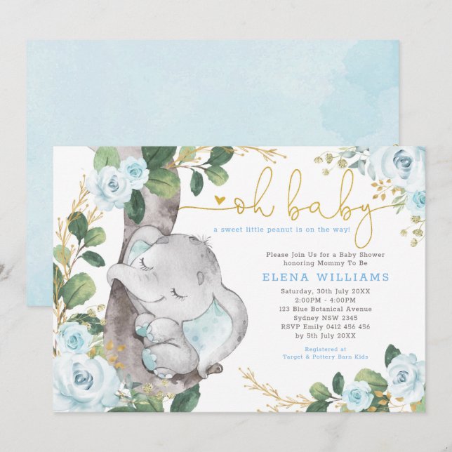 Modern Blue Roses Jungle Elephant Boy Baby Shower Invitation (Front/Back)